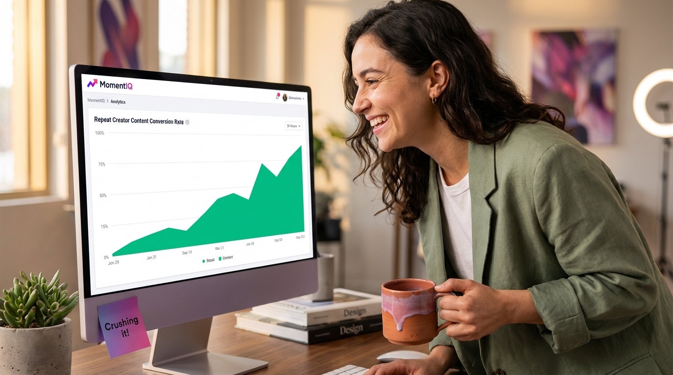 Brand manager smiling at TikTok Shop dashboard showing high conversion rates from repeat creator content