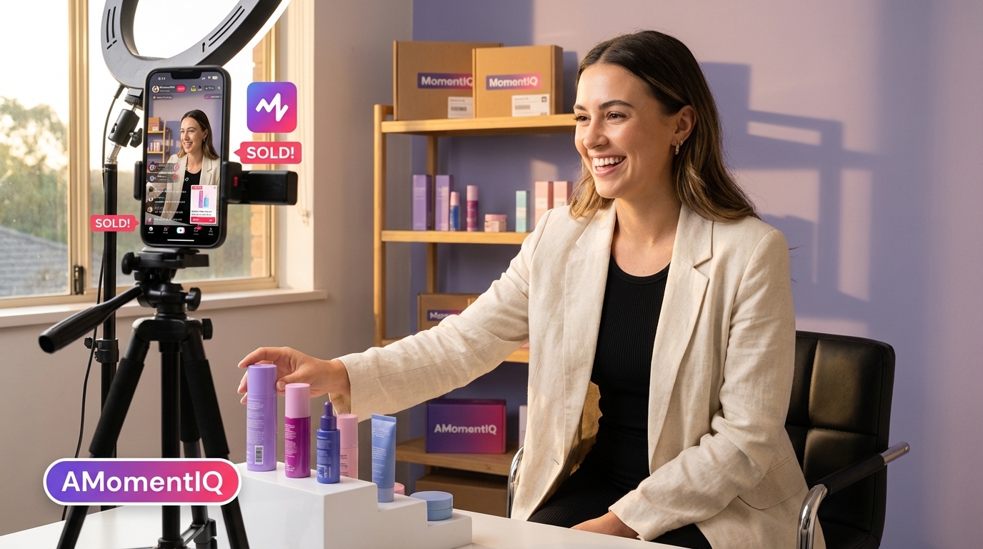 Confident TikTok Shop creator hosting a live shopping stream in a professional studio setup with heart emojis and sold-out product overlay