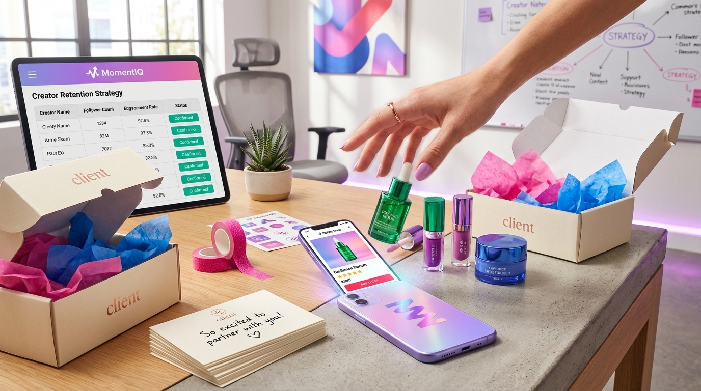 Flat lay of TikTok Shop product seeding packages with branded boxes, thank-you cards, and phone showing product listing with five-star reviews