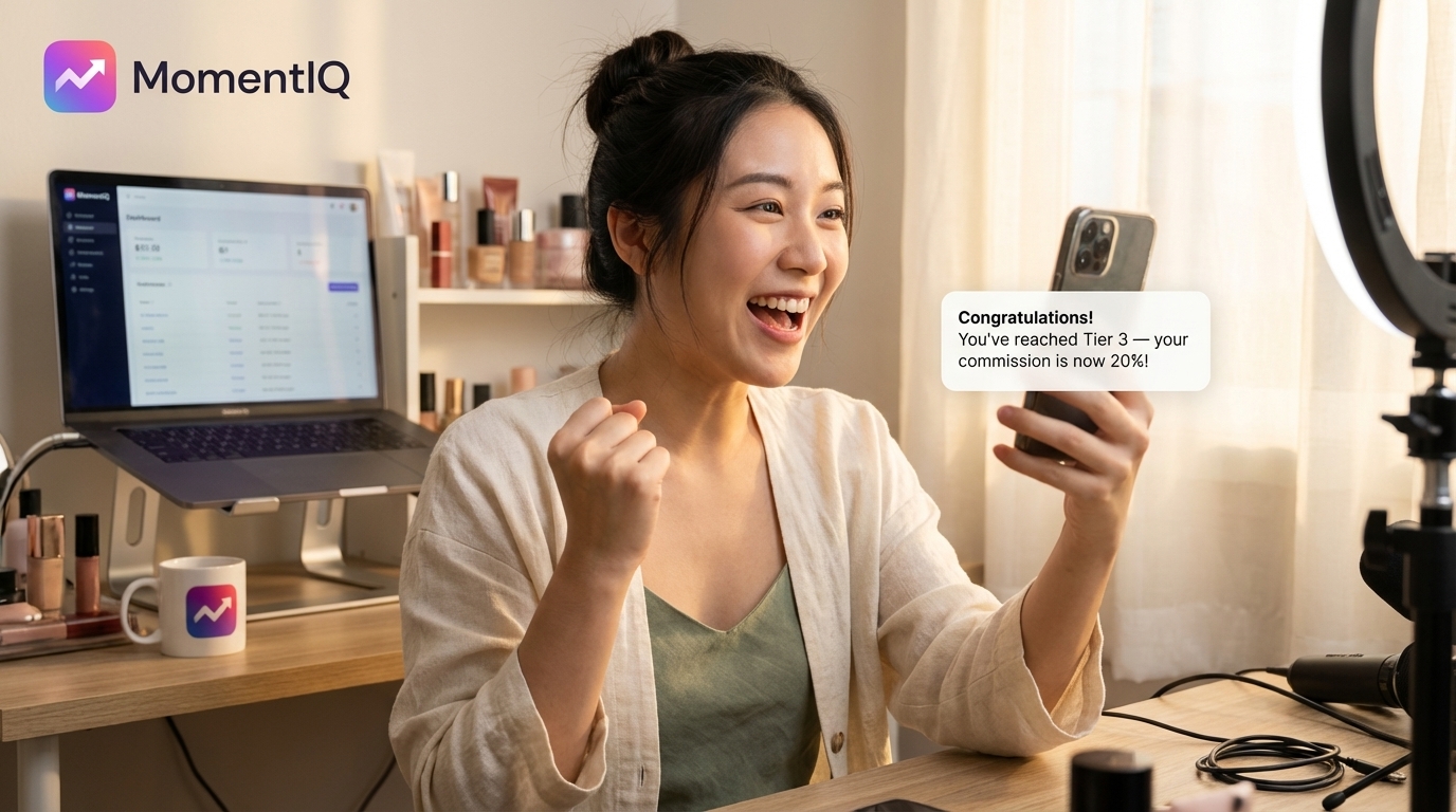TikTok Shop creator celebrating reaching a higher commission tier with phone notification and affiliate dashboard showing revenue growth