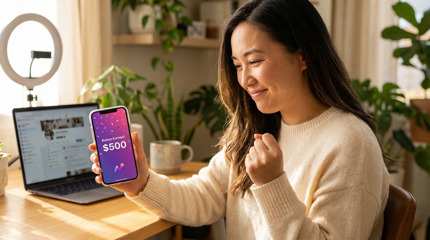 TikTok Shop creator receiving a 'Bonus Earned!' notification on her phone, celebrating financial appreciation