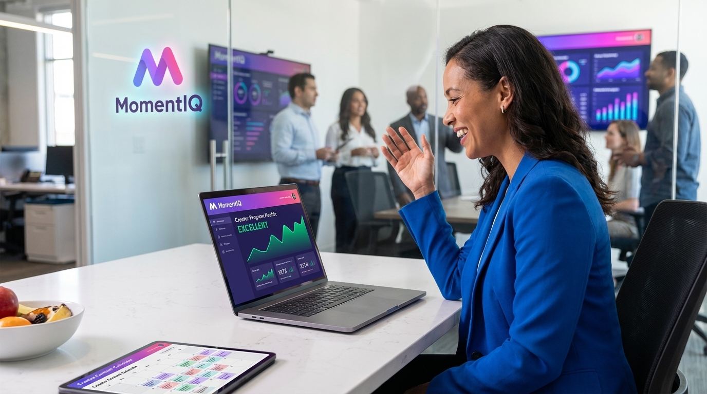 Confident brand owner smiling at MomentIQ dashboard showing 'Creator Program Health: EXCELLENT' on her laptop.
