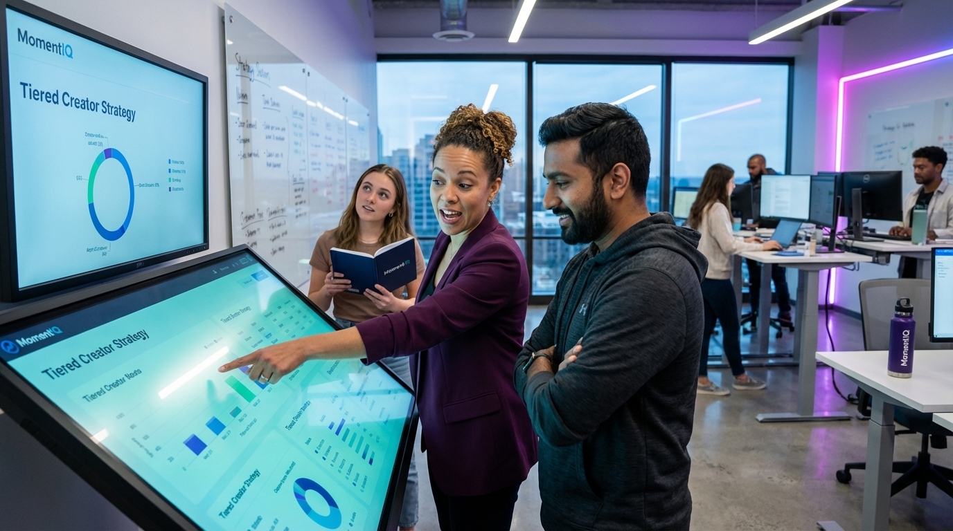 Creative director laughing while reviewing a tiered TikTok Shop creator strategy on a monitor with a colleague.