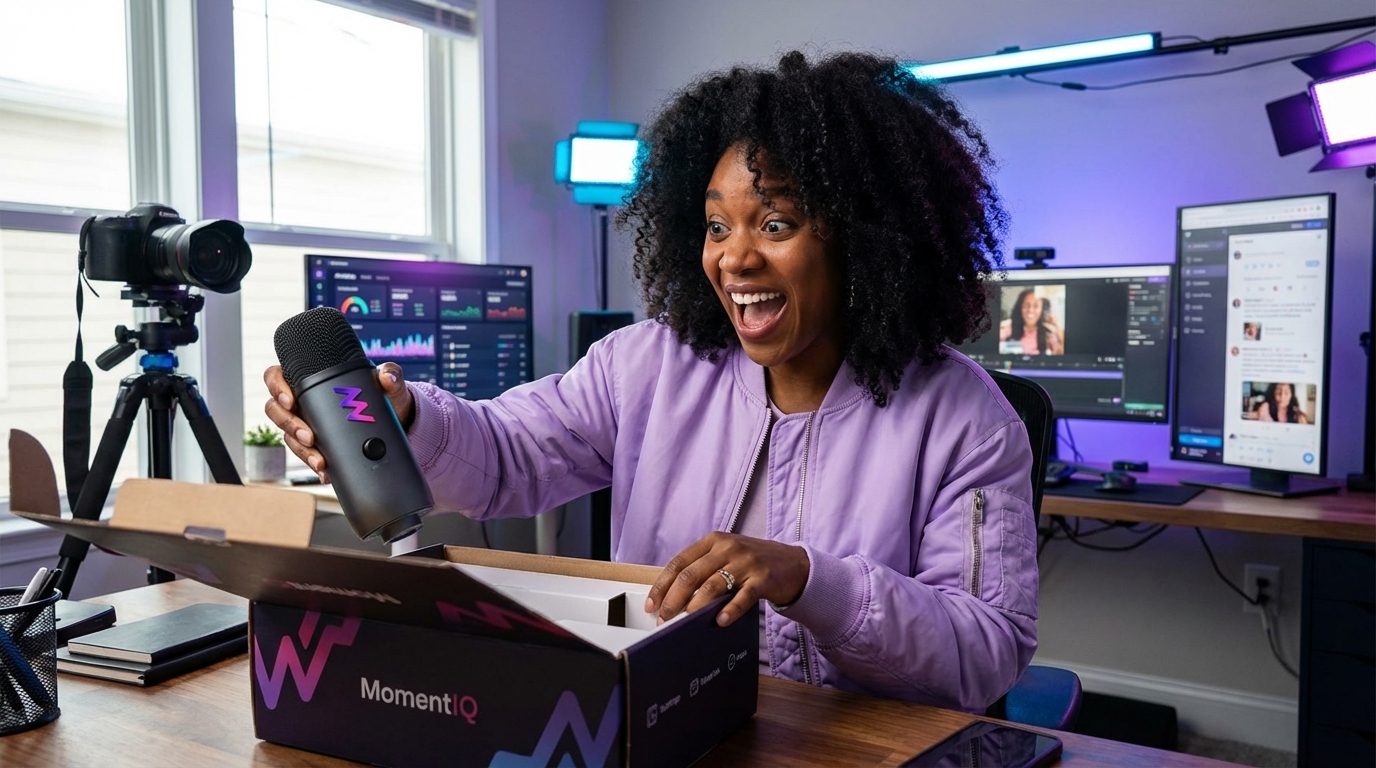 Delighted top-tier TikTok Shop creator unboxing a branded partner appreciation package in her studio.