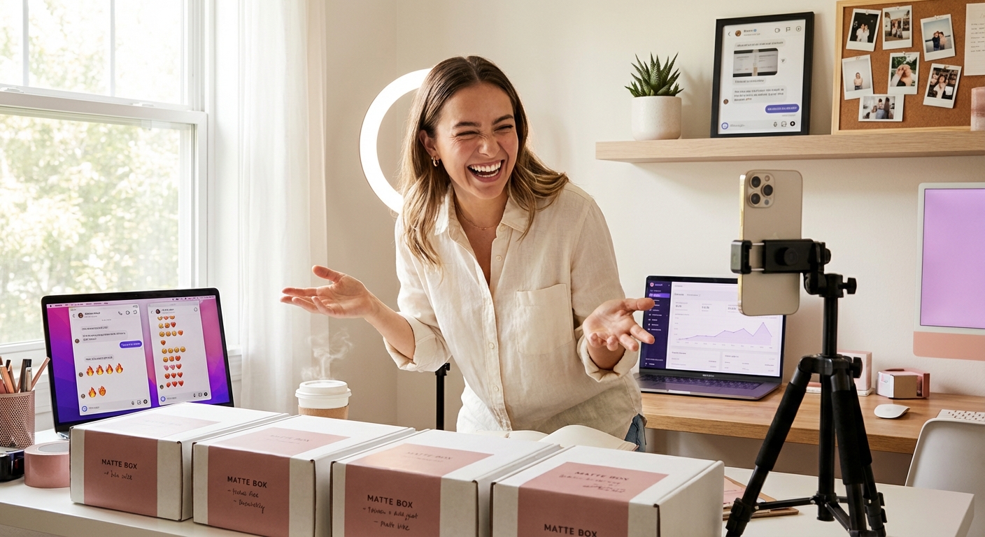Entrepreneur recording personal TikTok message to creator partner with ring light setup and product samples ready to ship