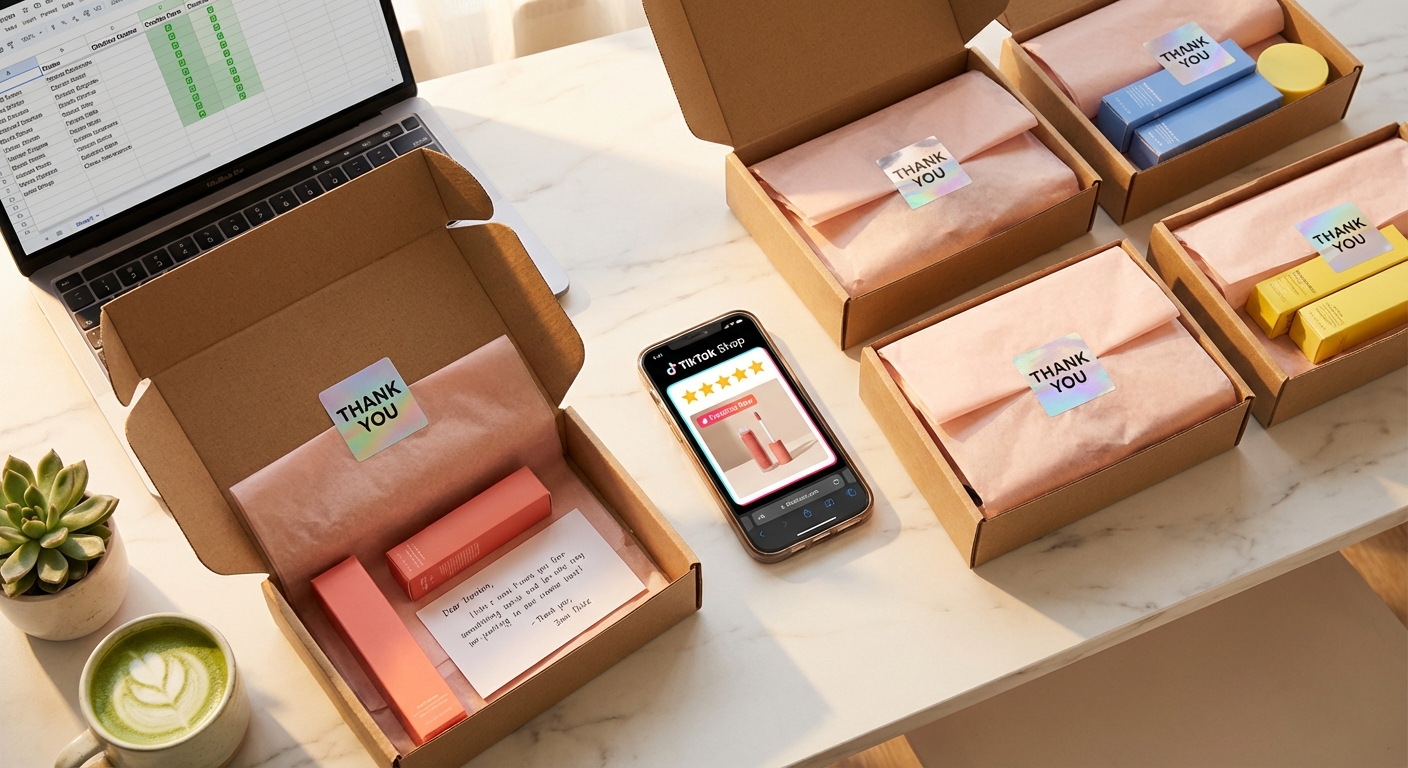 Flat lay of TikTok Shop creator seeding packages with branded products phone showing product listing and tracking spreadsheet