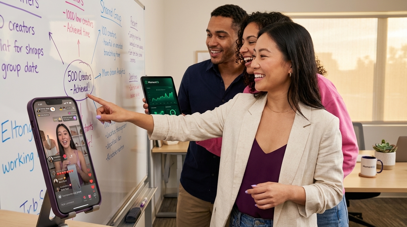 Marketing team huddling around a whiteboard with TikTok Shop growth strategies, phone shows live stream.