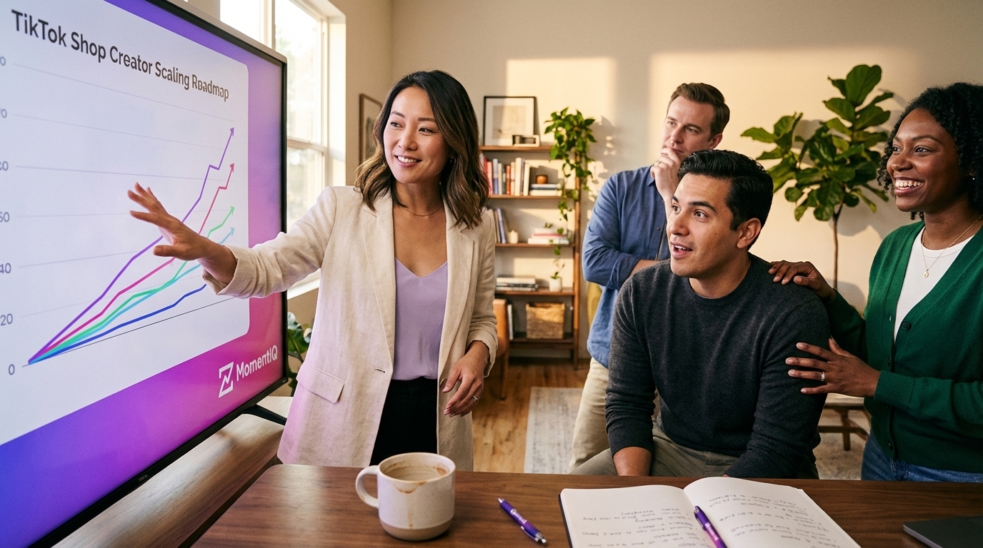MomentIQ consultant confidently presenting a TikTok Shop Creator Scaling Roadmap to an engaged brand team.