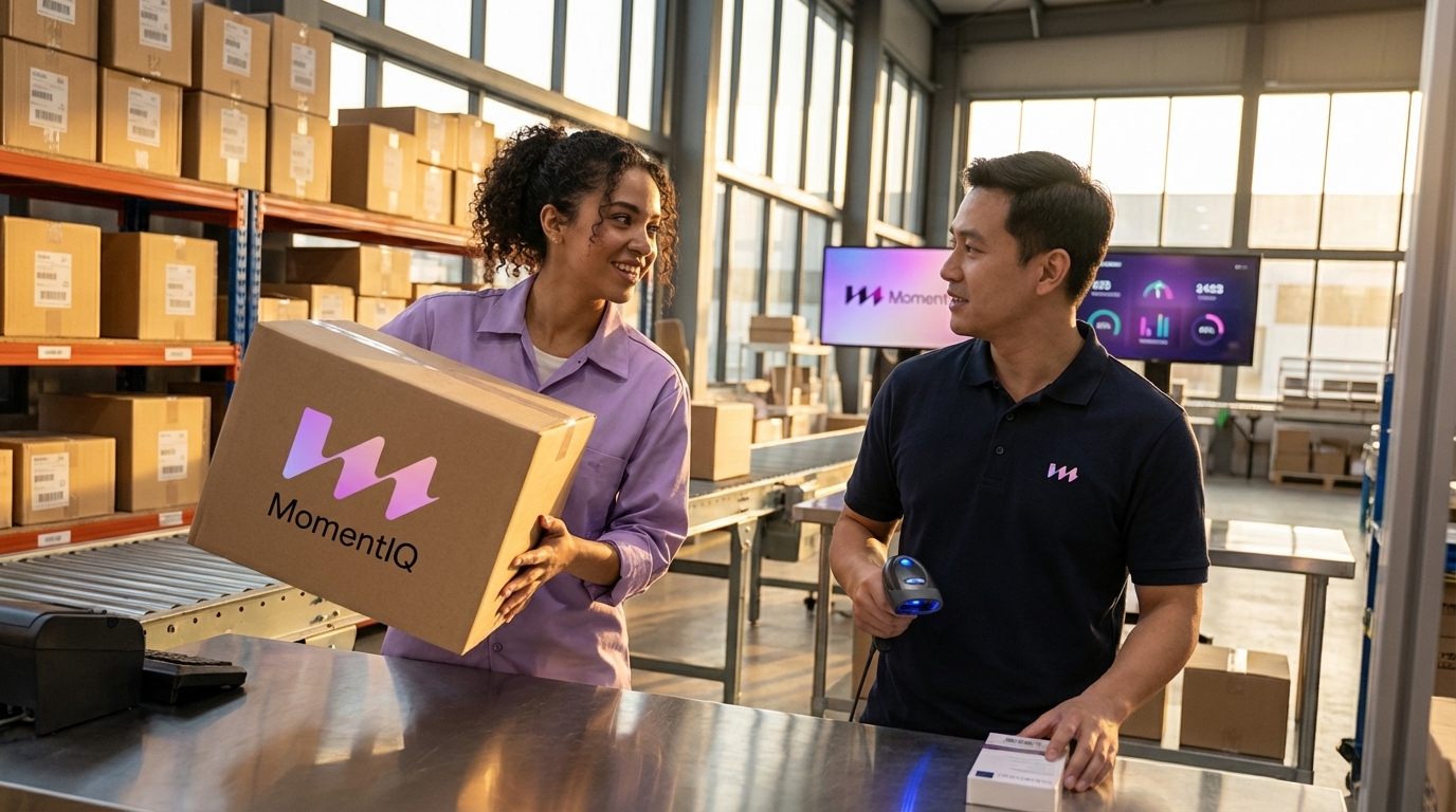 Sunlit warehouse with smiling team efficiently processing TikTok Shop orders, showcasing optimized fulfillment.