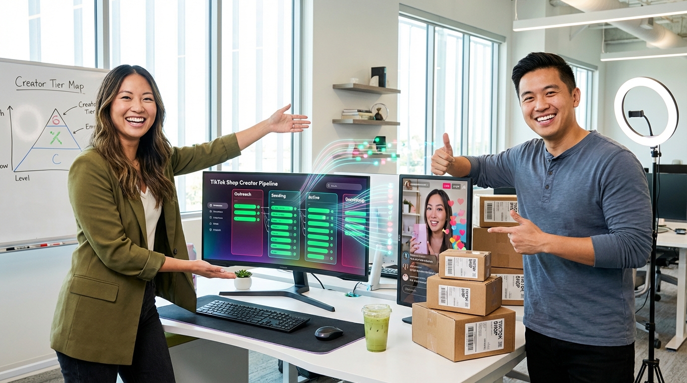 TikTok Shop creator partnerships team reviewing color-coded affiliate pipeline and live shopping stream on dual monitors