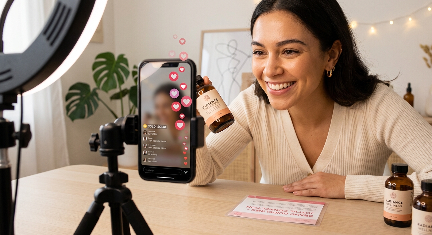 Confident TikTok Shop creator hosting energetic live shopping stream with sold notifications and brand guidelines card on desk