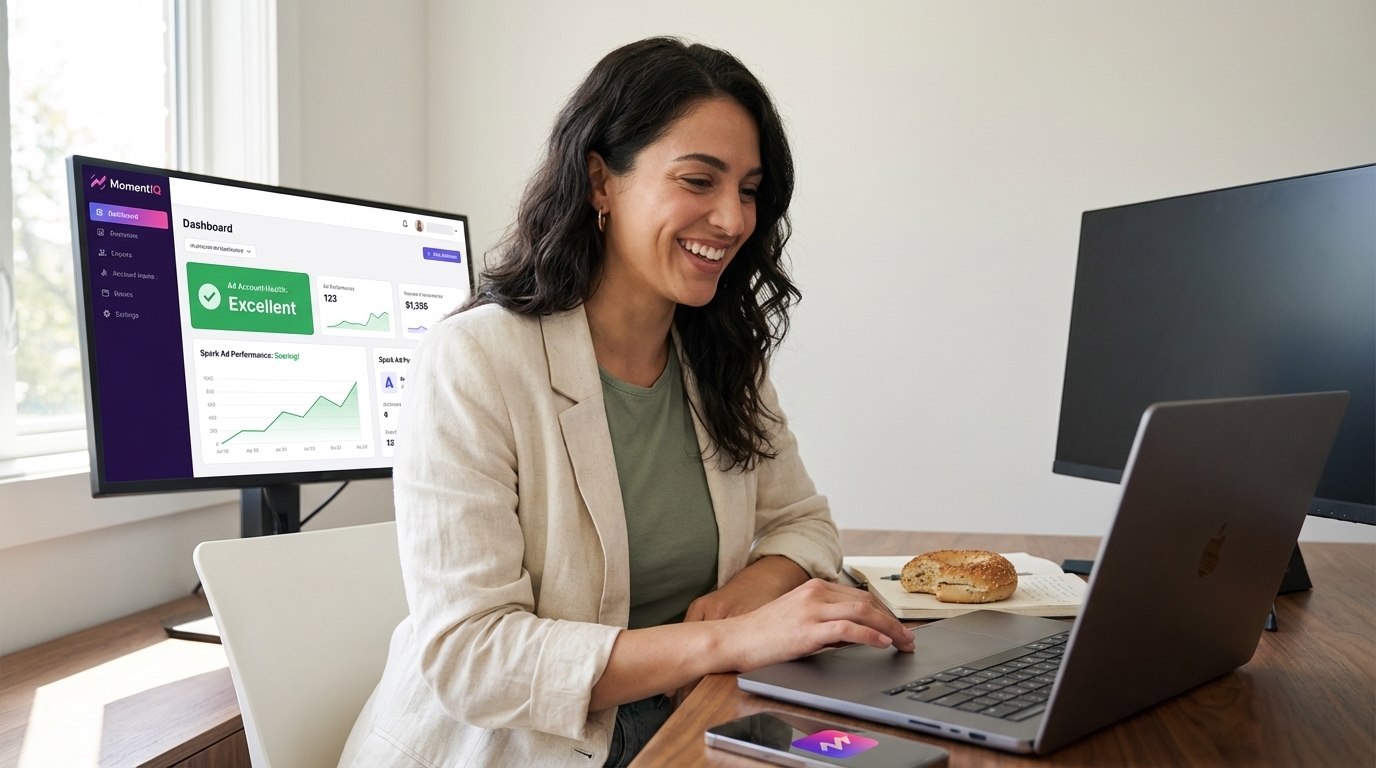 Digital marketer celebrating excellent TikTok Shop ad account health and soaring Spark Ad performance