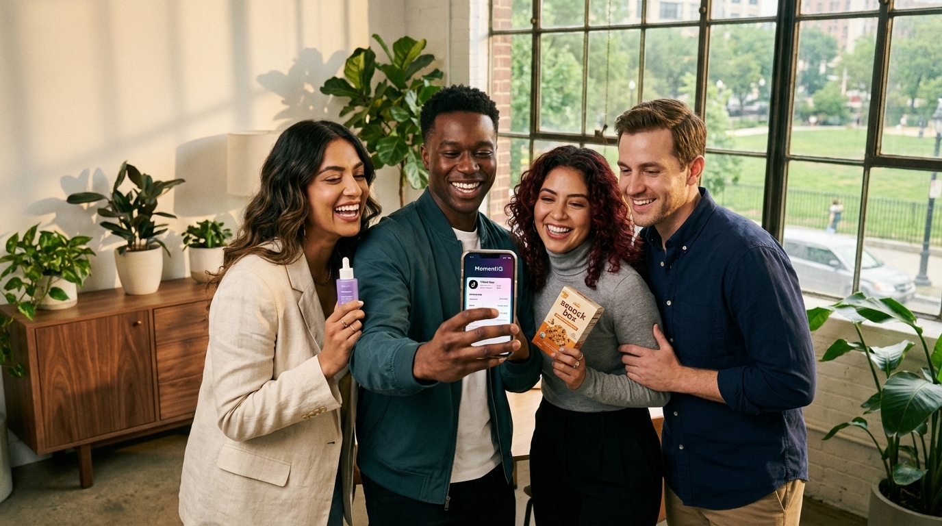 Diverse TikTok Shop creators happily showcasing branded products in a unified campaign
