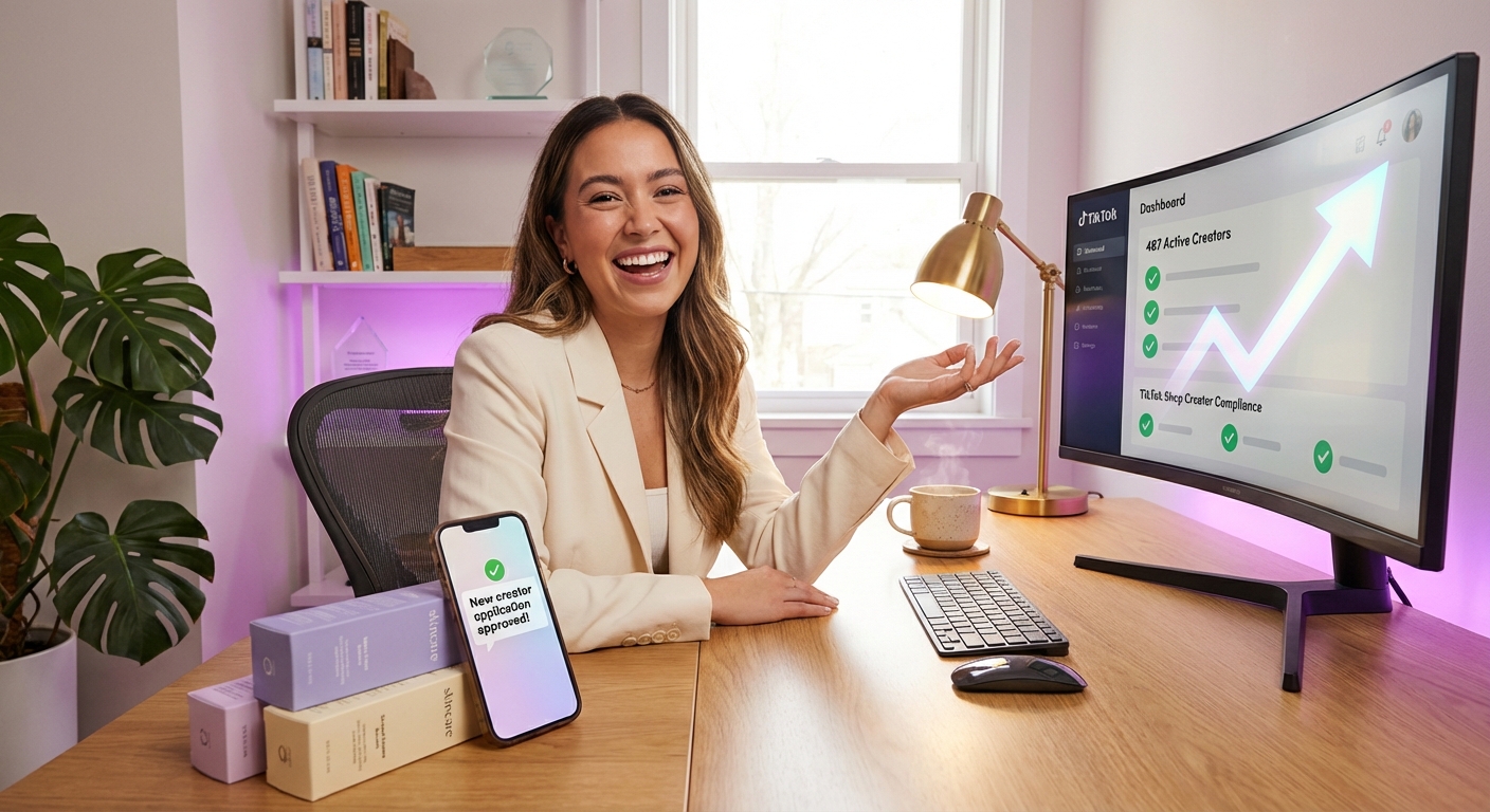Entrepreneur proudly reviewing TikTok Shop creator compliance dashboard with approved creator notifications at stylish home office