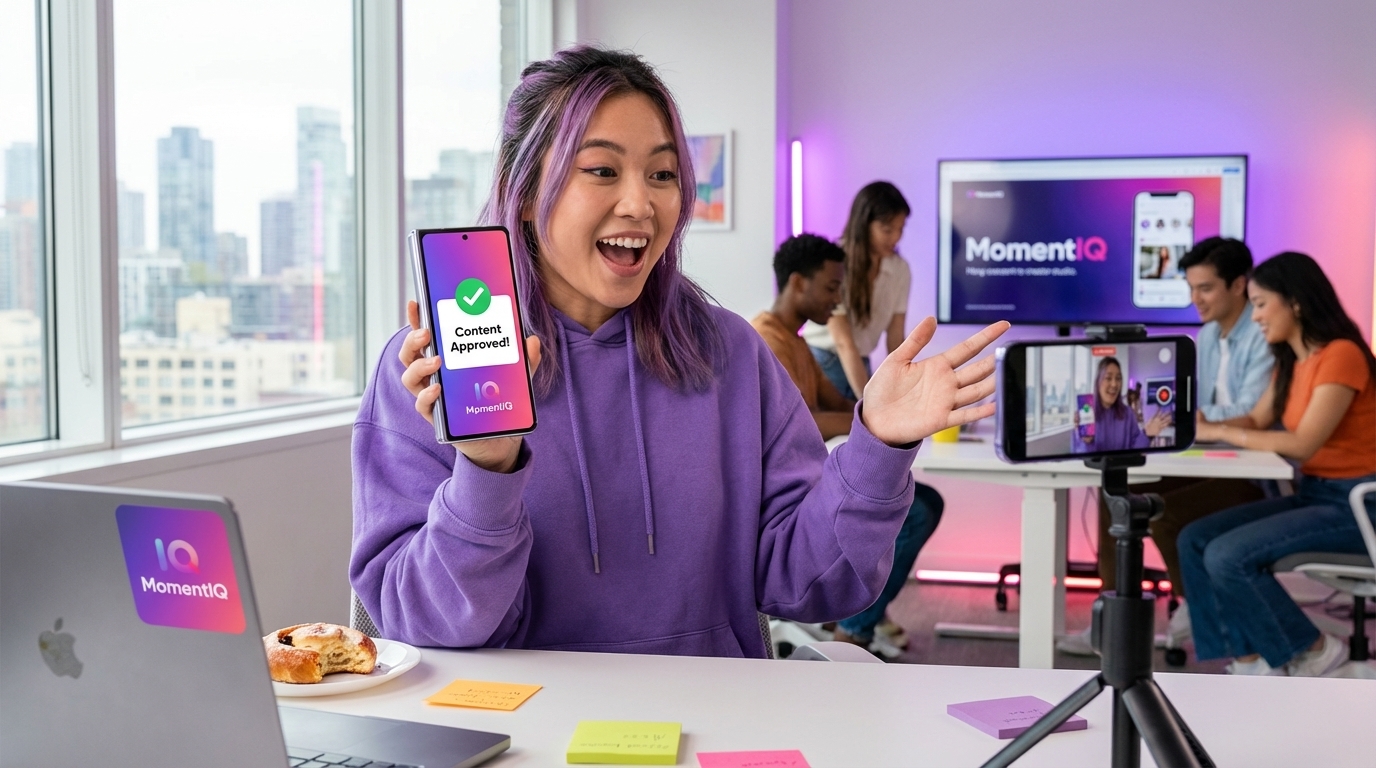 Happy TikTok Shop creator unboxing a product with a 'Content Approved' notification on screen