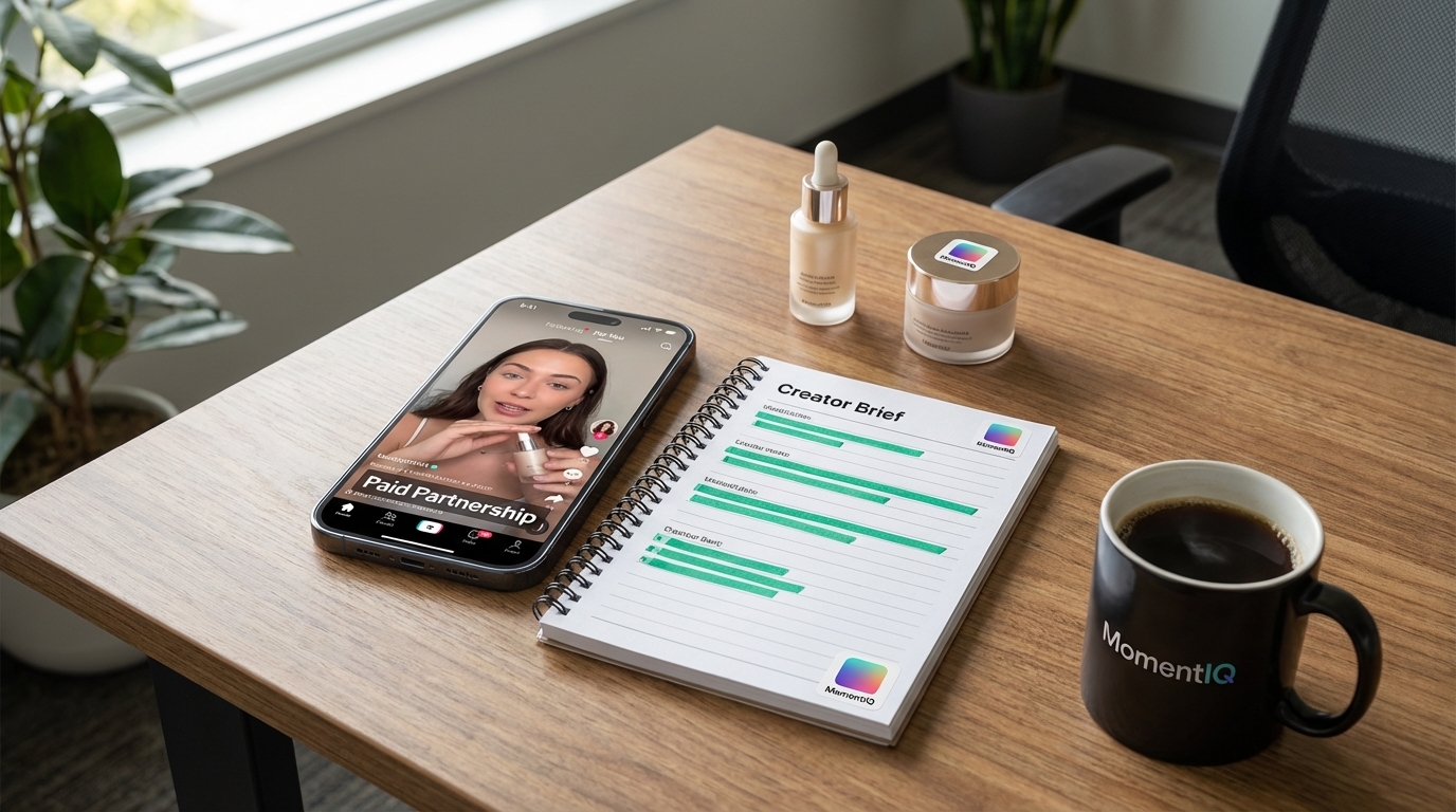 TikTok Shop creator brief and phone showing clear FTC 'Paid Partnership' disclosure