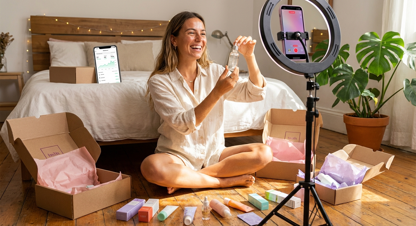 TikTok Shop creator filming authentic UGC product review with skincare flat lay and branded packaging in natural lighting