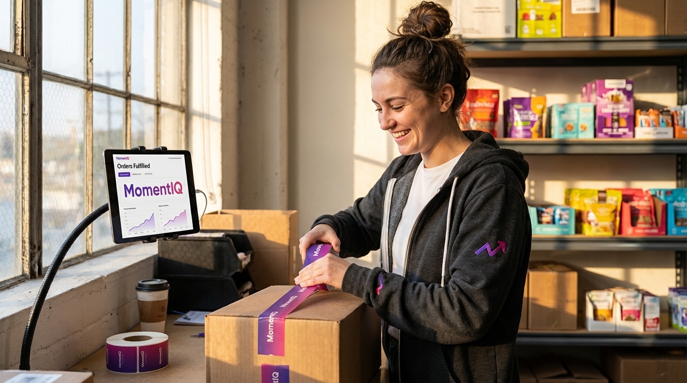 Cheerful warehouse worker efficiently packing a vibrant TikTok Shop product into a branded shipping box.