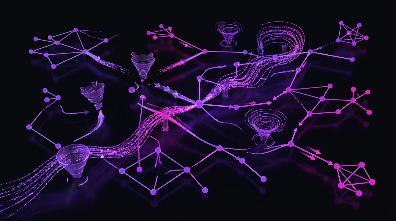 Abstract neon network graphic of connected nodes and flowing purple data streams for "Why Most Brands Fail at TikTok Shop Customer Retention"