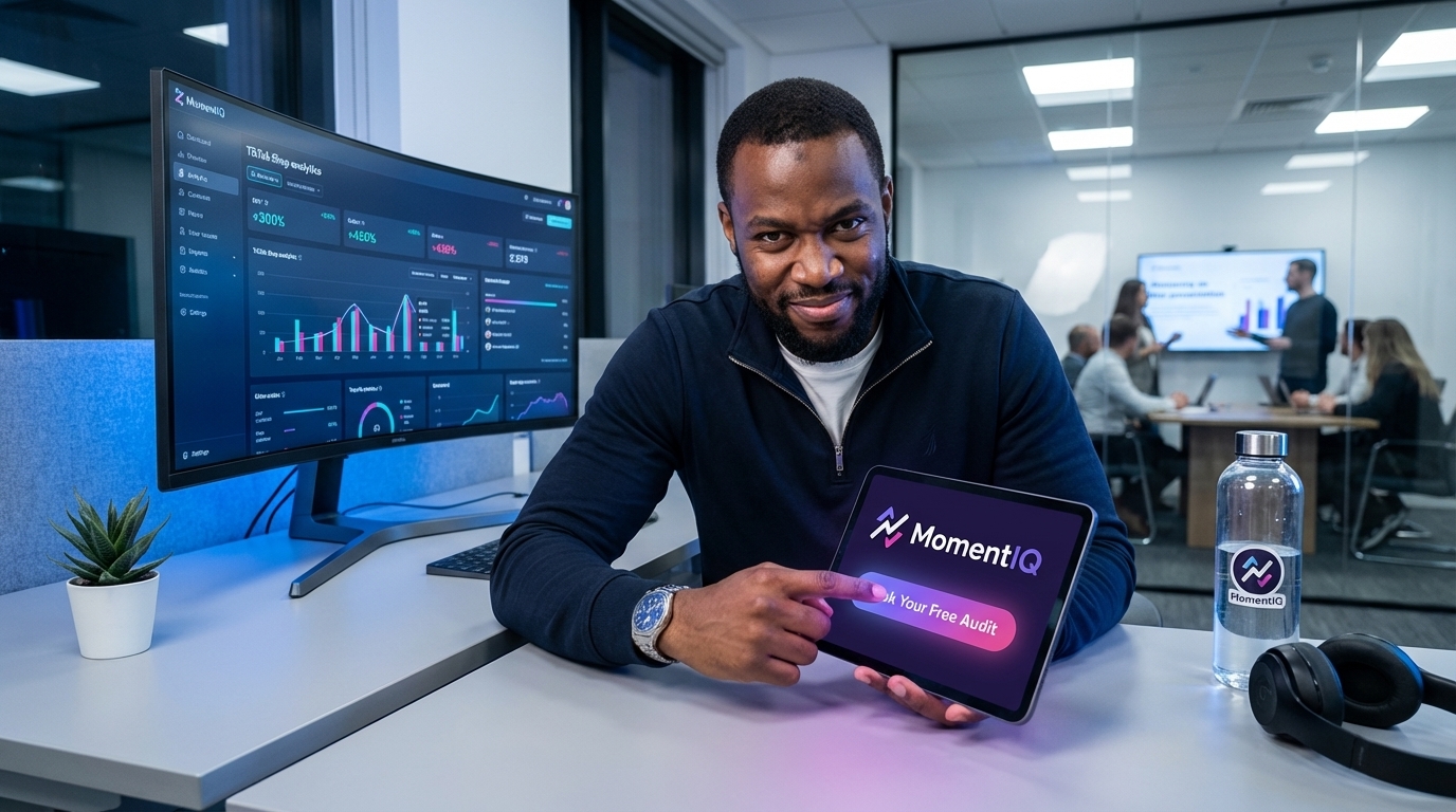 Brand owner confidently booking a TikTok Shop growth audit with MomentIQ, looking for scalable solutions.