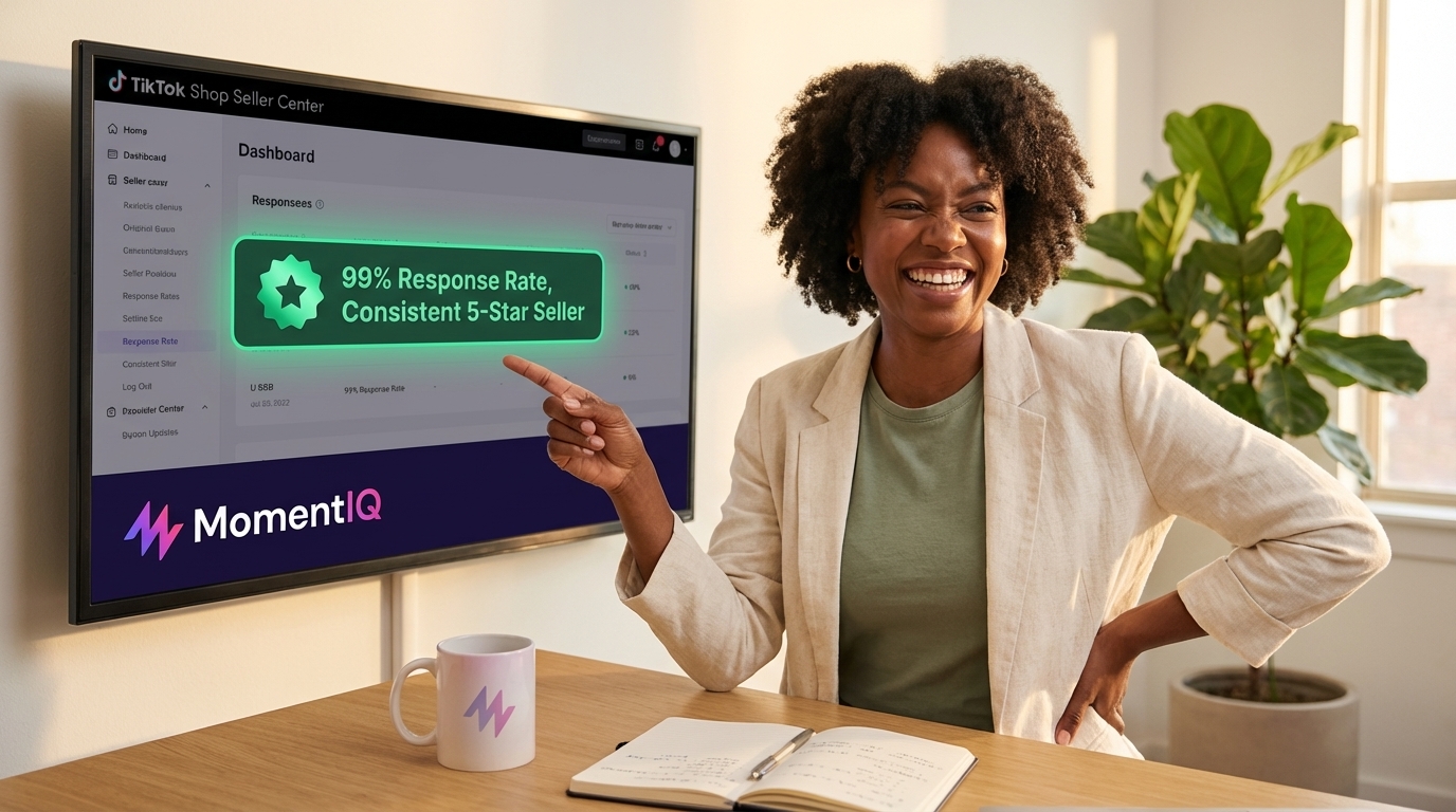 Confident brand owner showcasing a 99% response rate and 5-star seller score on their TikTok Shop dashboard.