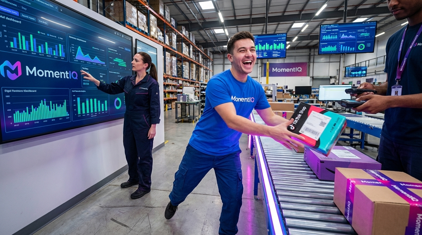 Efficient shipping team processing a high volume of TikTok Shop packages with coordinated precision.