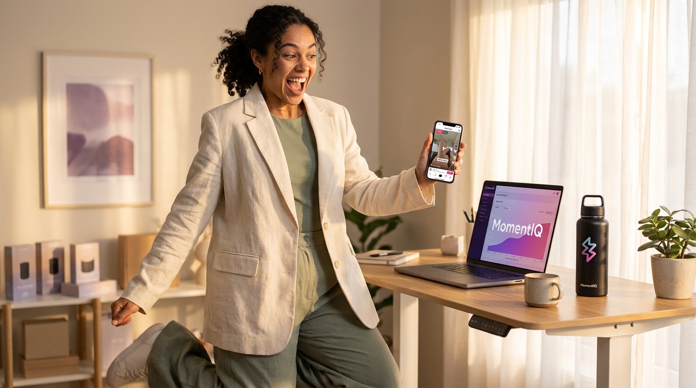 Excited creator celebrating her viral TikTok Shop product review video with millions of views.