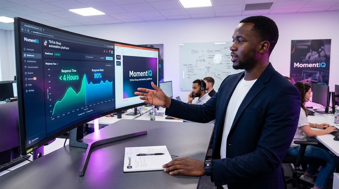 Operations manager confidently configuring TikTok Shop customer service automation systems on a large monitor.