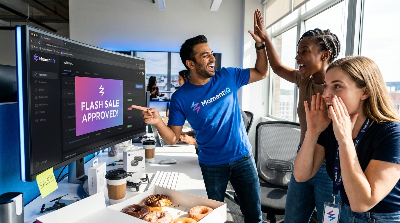 Team celebrating an approved TikTok Shop flash sale, with products ready for promotion.