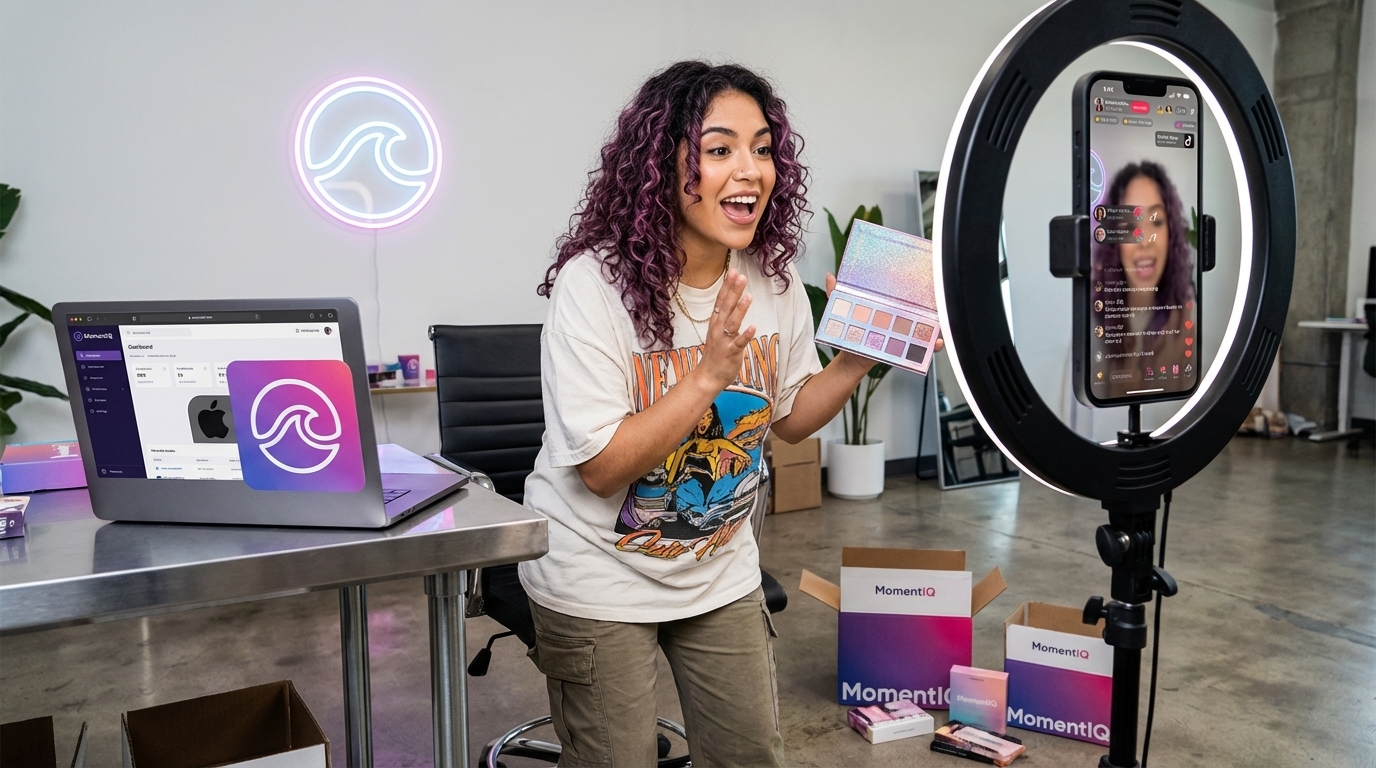 TikTok creator joyfully unboxing product seeding package in her studio with ring light and TikTok Shop listing visible