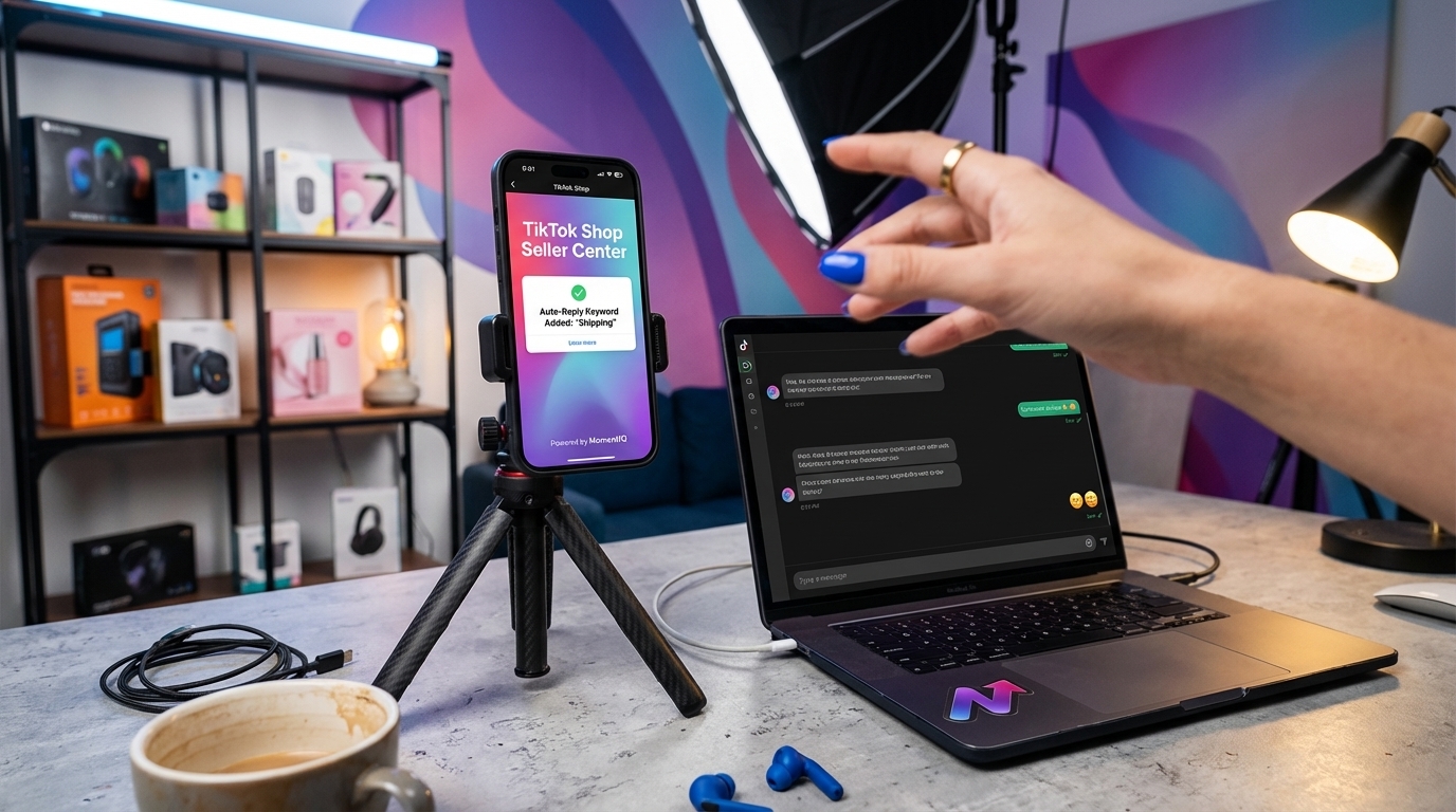 TikTok Shop seller's organized creator studio showing auto-reply setup on phone and laptop with products beautifully displayed