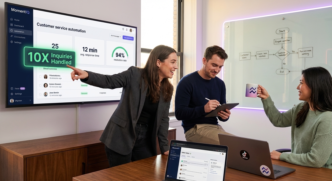 TikTok Shop team reviewing customer service automation dashboard showing fast response times and high resolution rates