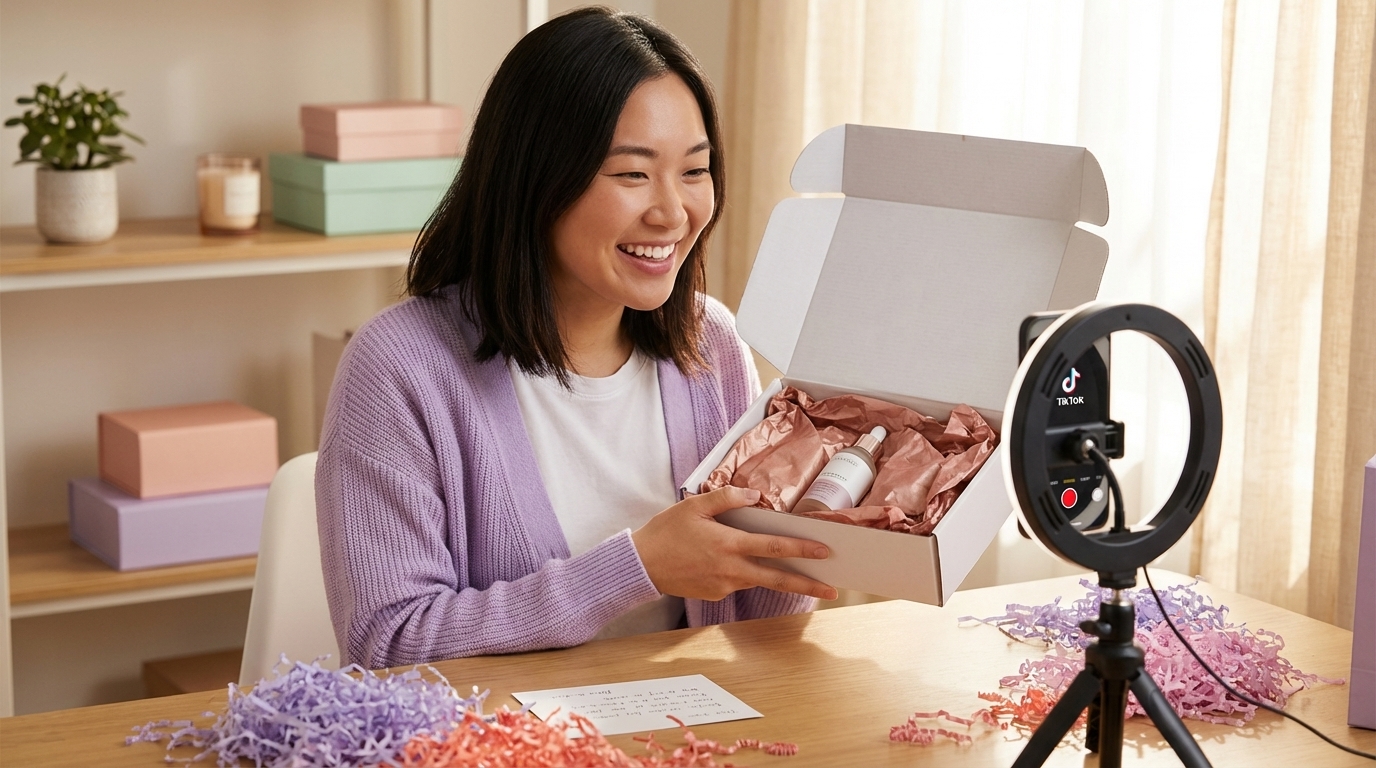 TikTok creator excitedly unboxing branded product seeding package while filming content on phone tripod