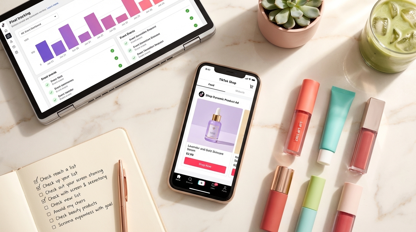 Flat lay of TikTok Shop DPA setup checklist with phone showing personalized ad and pixel tracking on laptop