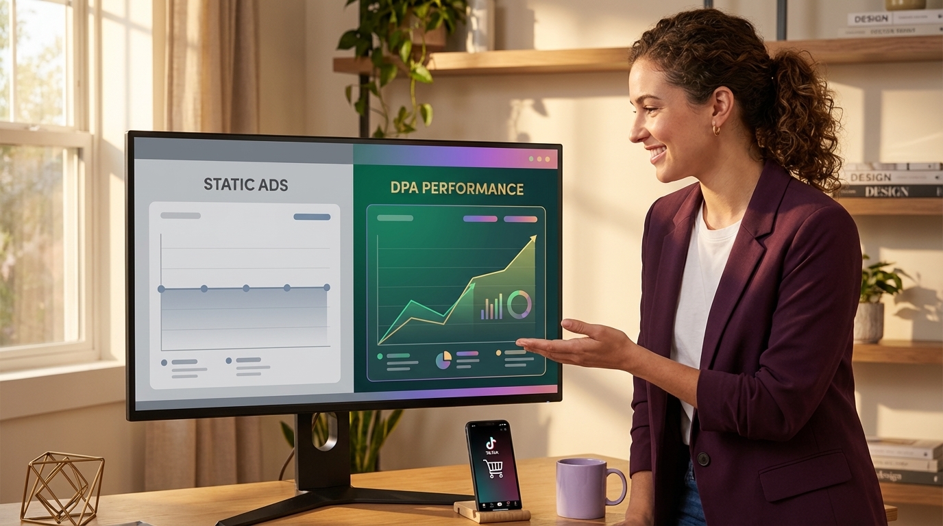 Marketer comparing TikTok Shop static ads versus DPA performance showing 2.5x higher CTR and 52 percent lower CPA