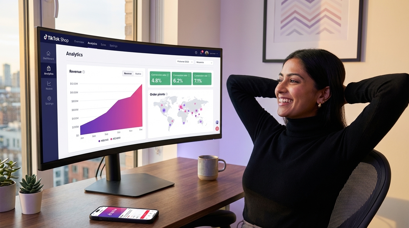 Marketer confidently viewing TikTok Shop DPA analytics dashboard with soaring revenue graphs and conversion metrics