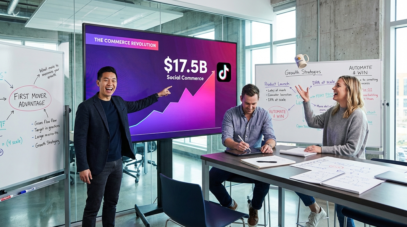 TikTok Shop brand team celebrating social commerce growth projections on analytics dashboard in strategy war room