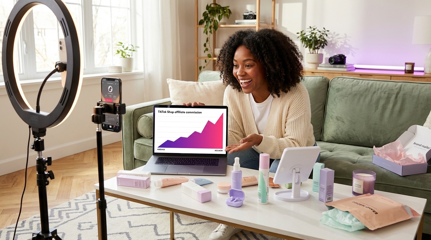 TikTok Shop creator reviewing growing affiliate commission earnings on laptop in stylish home studio setup