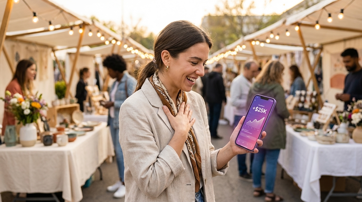 TikTok Shop entrepreneur celebrating record 25K GMV sales day notification on phone at vibrant outdoor event