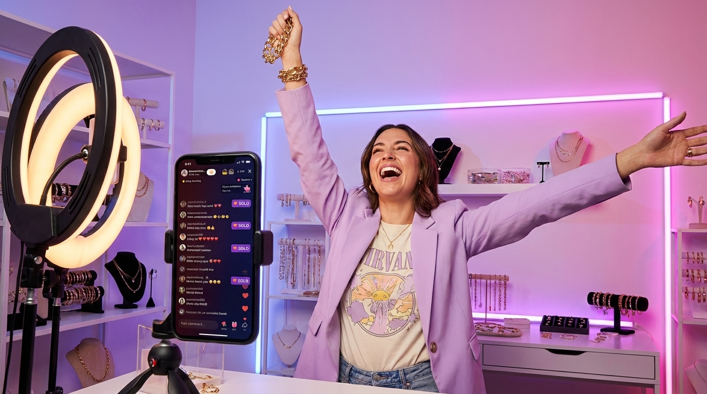 TikTok Shop live shopping host energetically presenting fashion product with SOLD notifications flooding the screen
