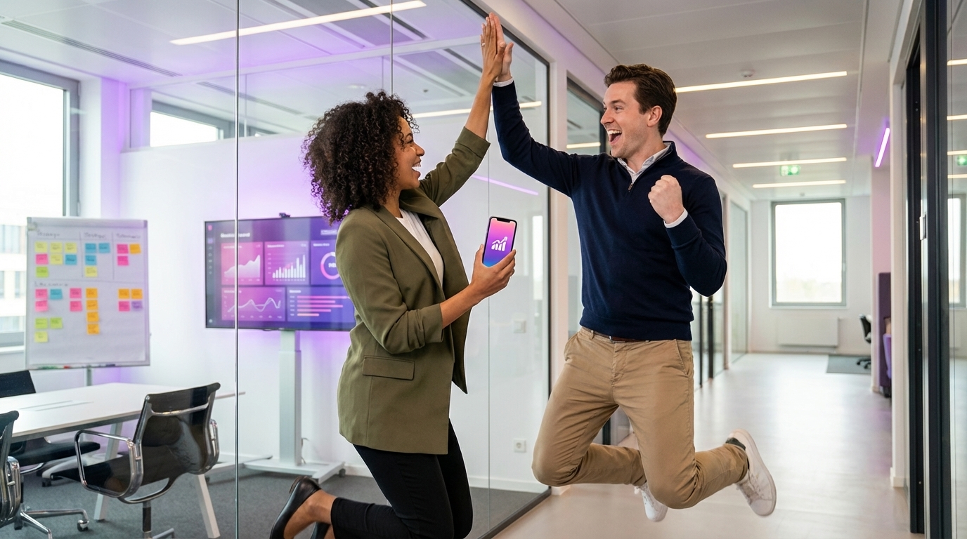 Two TikTok Shop team members celebrating DPA campaign reaching 100K impressions with high-five and excitement