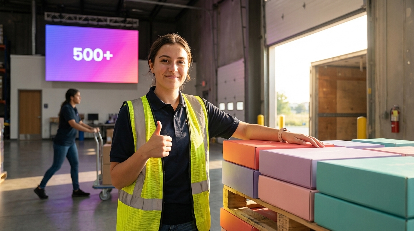 Warehouse team member celebrating 500 plus TikTok Shop orders shipped with organized fulfillment operation