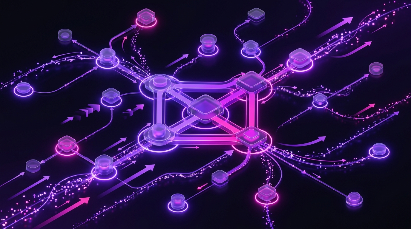 Abstract neon network graphic of connected nodes and flowing purple data streams for "Overcoming Common Objections to Scaling Your Seeding Program"