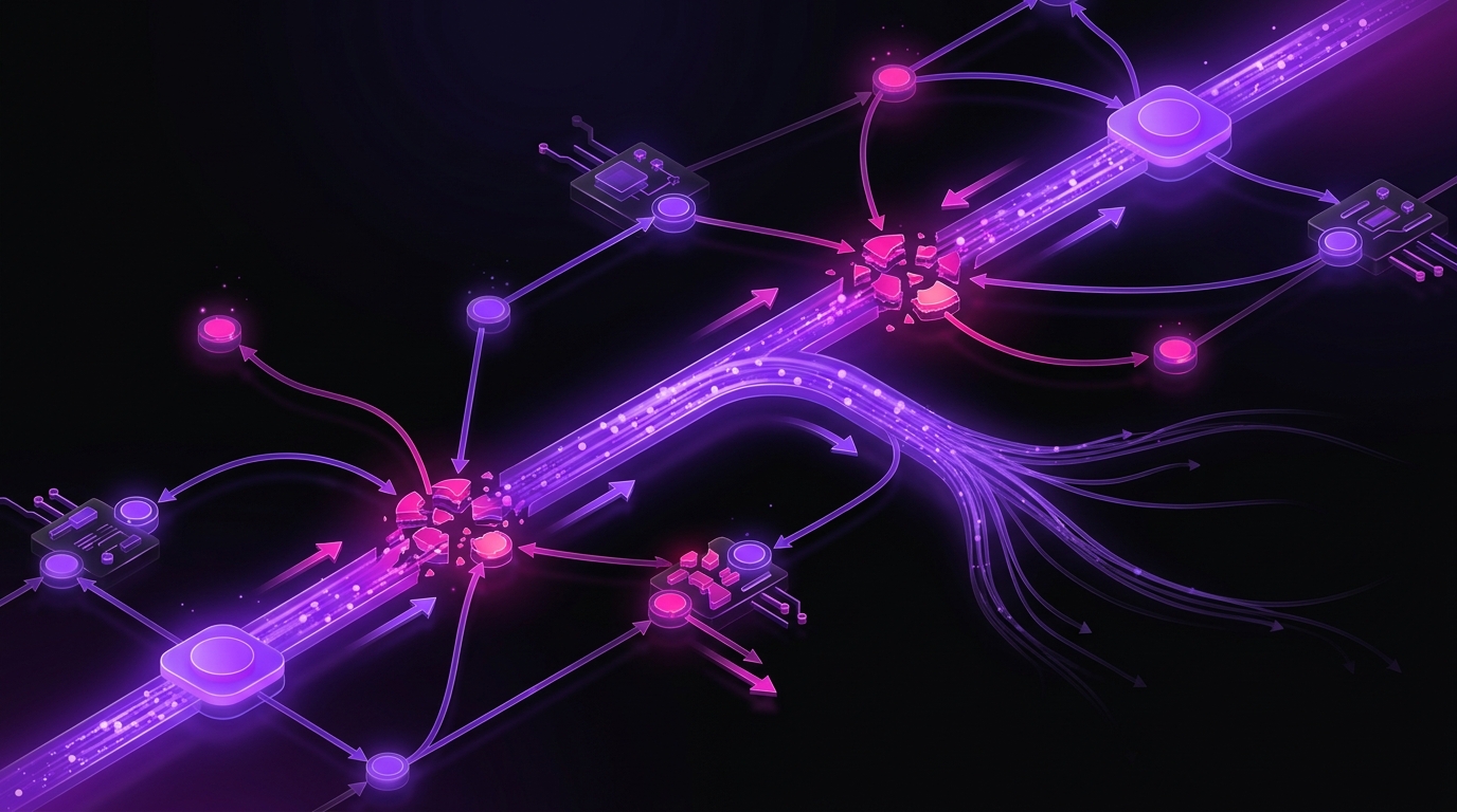 Abstract neon network graphic of connected nodes and flowing purple data streams for "The Hidden Costs of Mismanaging TikTok Shop Free Samples"