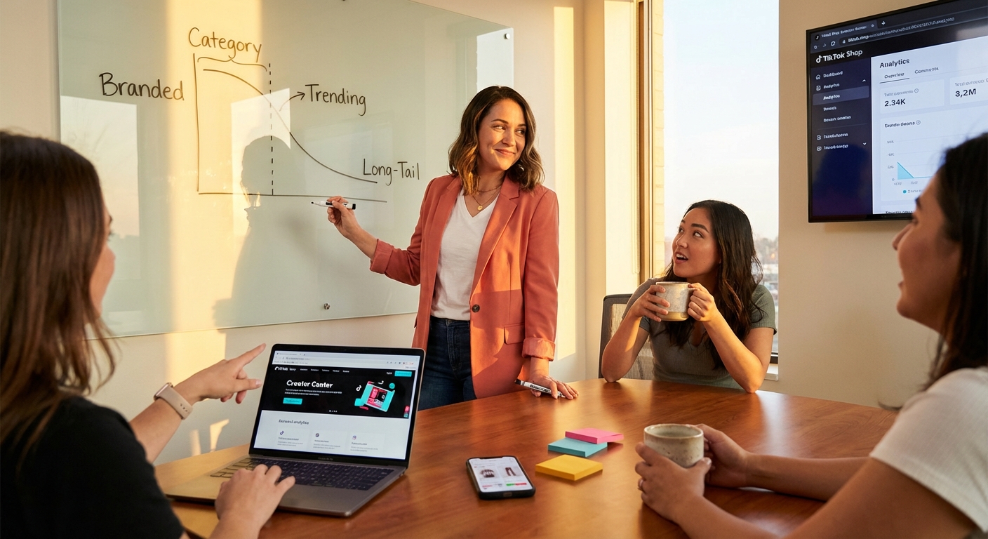 Brand team confidently mapping out a TikTok Shop hashtag strategy on a whiteboard with analytics dashboard showing growth