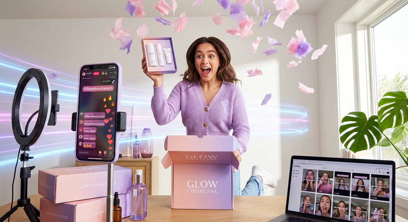 Excited TikTok Shop creator unboxing branded product while filming with branded hashtag search results visible on laptop