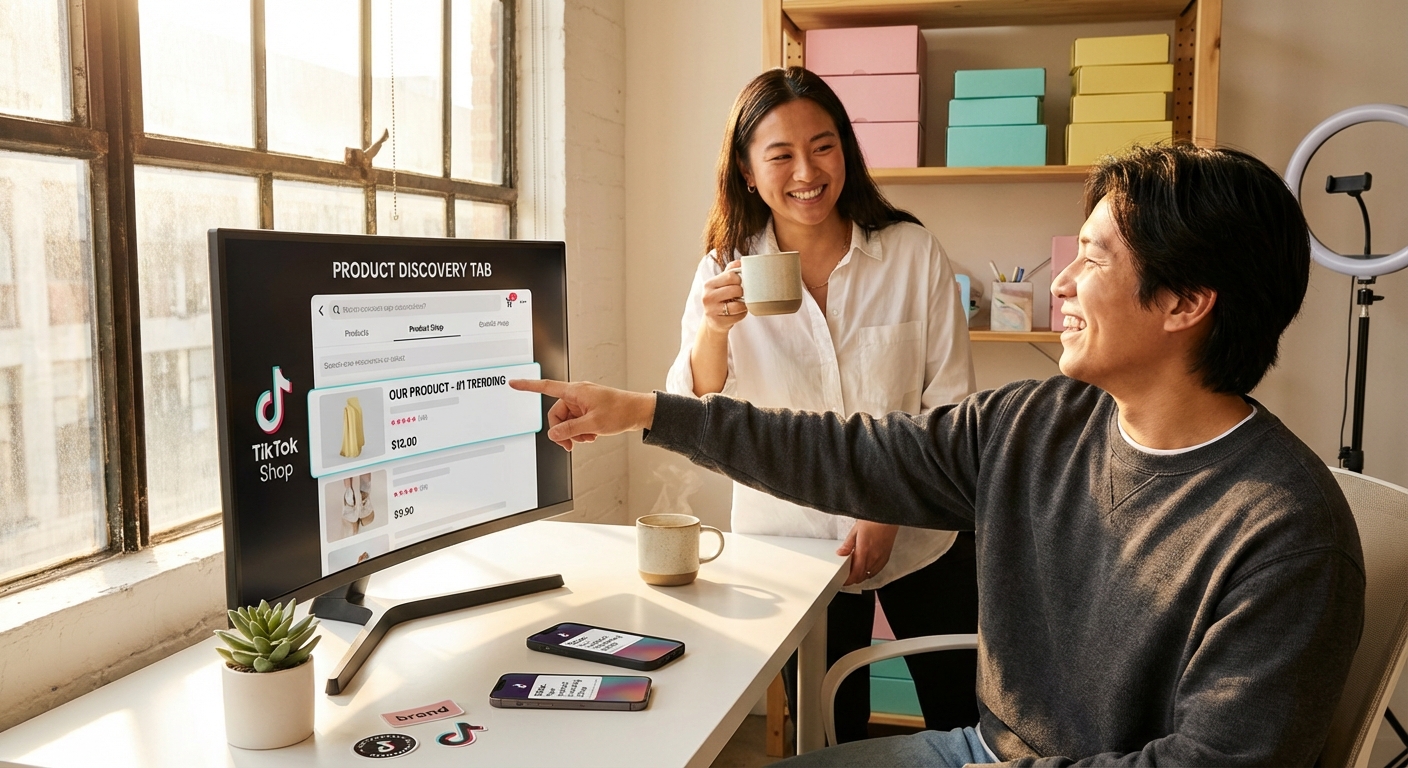 Team celebrating their product appearing in TikTok Shop product discovery tab with trending notifications on phones