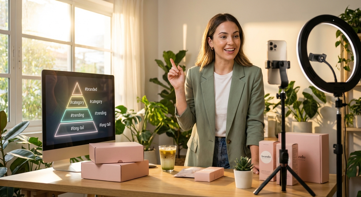 TikTok Shop creator filming product content in a professional studio setup with hashtag layering strategy displayed on screen
