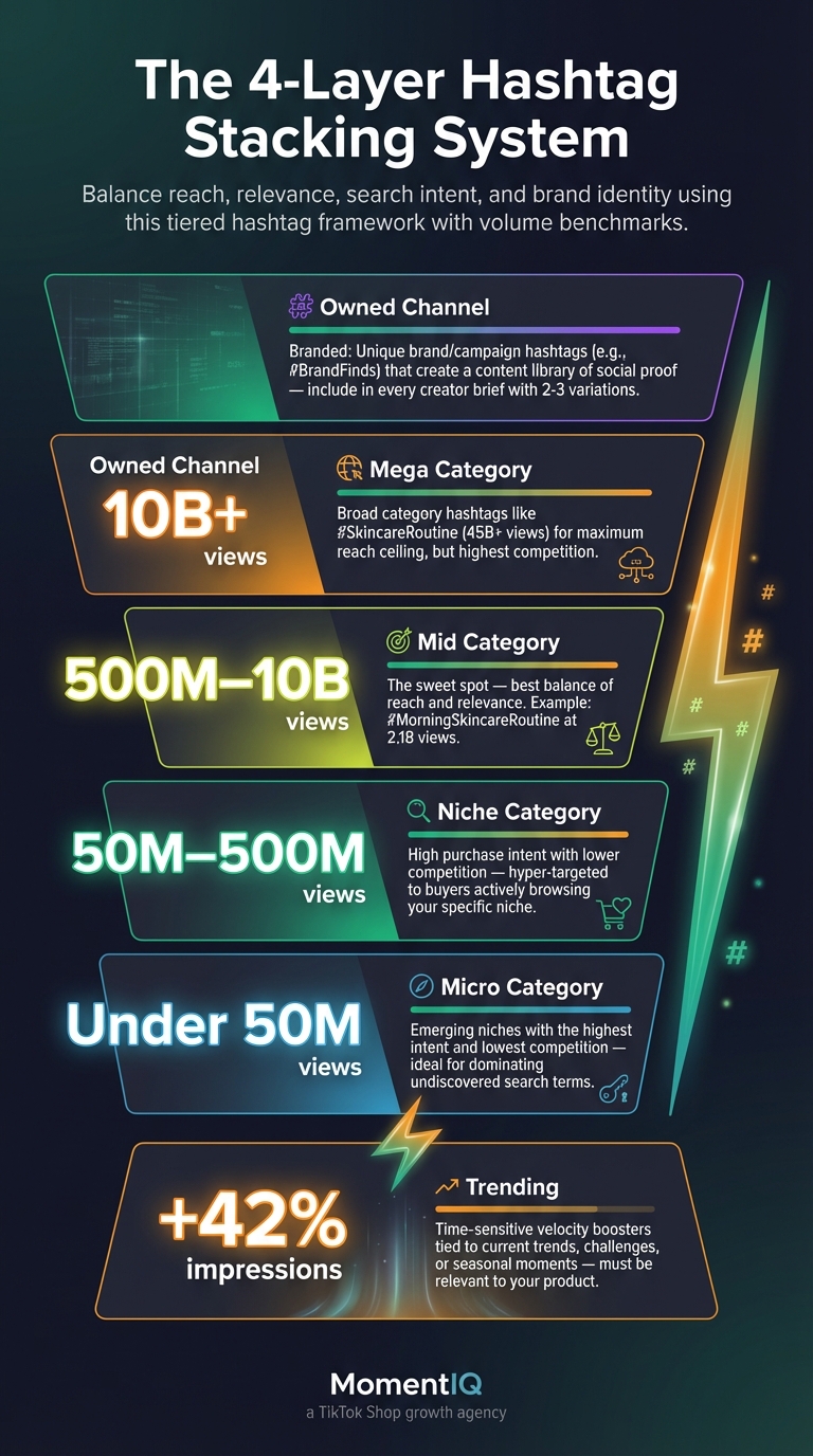 Pyramid infographic illustrating the 4-layer TikTok Shop hashtag system from branded hashtags at the base through mega,