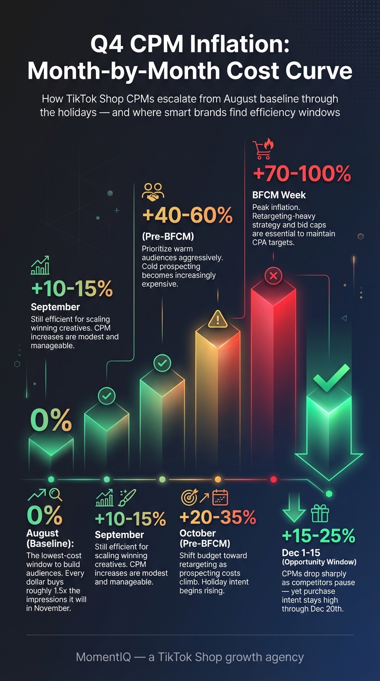 Comparison infographic showing TikTok Shop CPM inflation projections from August baseline through December 2025 with